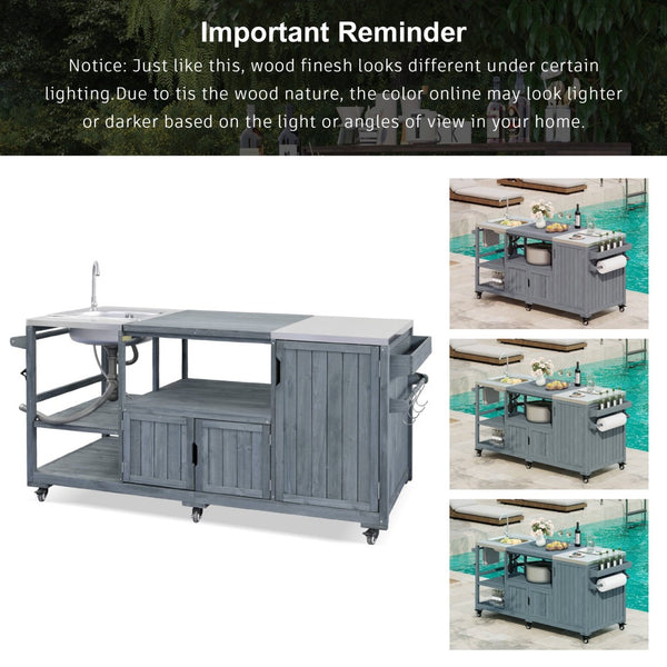 English Elm K&k Solid Fir Outdoor Kitchen Island with Sink Stainless Steel Top and Grill Cutout Grey+Blue N707S000022G