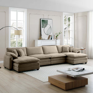 English Elm Over oversized U Shape Corduroy Sofa with Memory Foam Comfort, Modern Retro 4-Seater + Ottomans, Plush Upholstery Camel W714S00722
