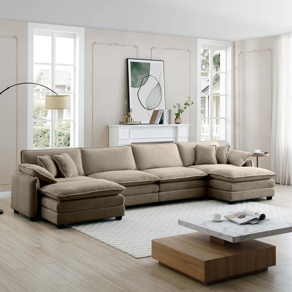 English Elm Over oversized U Shape Corduroy Sofa with Memory Foam Comfort, Modern Retro 4-Seater + Ottomans, Plush Upholstery Camel W714S00722