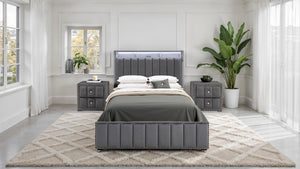 English Elm Beige Fabric Upholstered Nightstand with Channel Tufting Nailhead Trim and Crystal Knobs Dark Gray B2741P421105