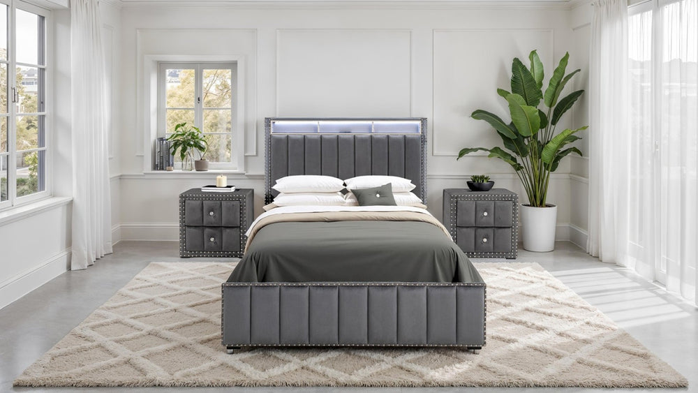 English Elm Contemporary Full Bedroom Set Channel Tufted Upholstered Bed with Led and Nightstands Dark Gray B2741S00778