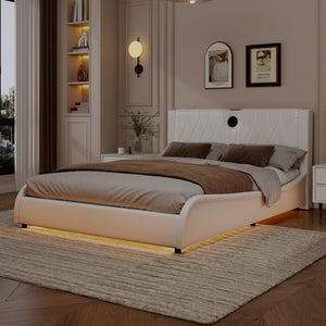 English Elm Full Faux Leather Upholstered Bed with Thick Headboard, Bluetooth Speakers, RGB LEDs & Storage White 56.69 L x 19.69 W x 12.99 H N701P241046C