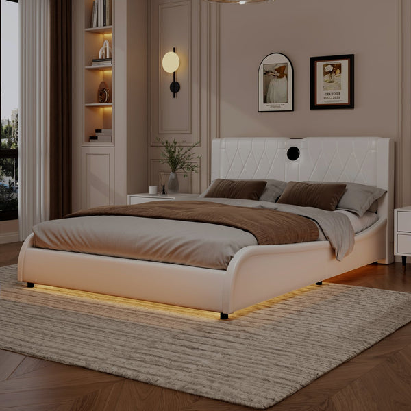 English Elm King Luxurious Faux Leather Upholstered Platform Bed with Storage Headboard, Bluetooth Speakers & RGB Lights White 78.35 L x 19.69 W x 12.99 H N701P241048C