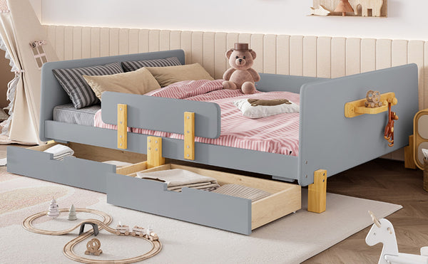 English Elm Twin Low Profile Kids Floor Bed Pine Wood Frame with Safety Rail and Built in Bookshelf Gray W1580P373246