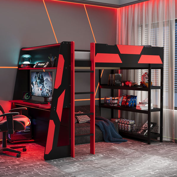 English Elm Full Size Gaming Loft Bed with Led Lighting Desk Shelves and Usb Charging Ports Black+Red N820S00076J