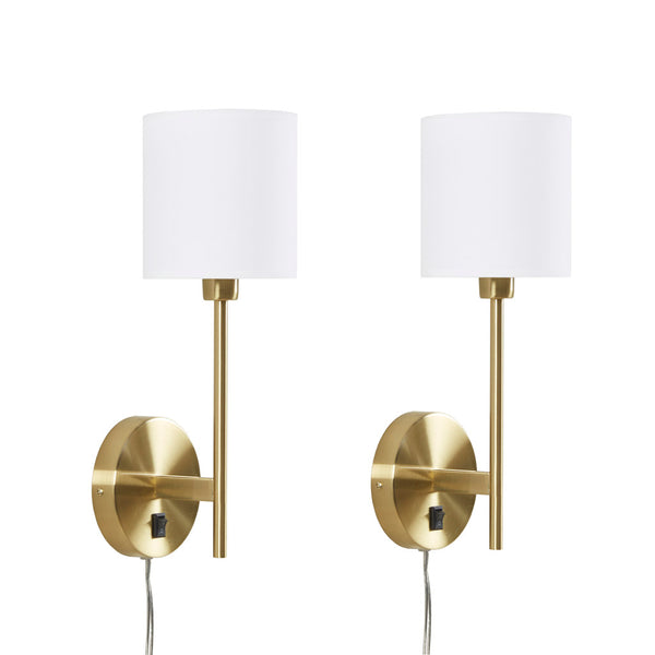 JLA Home 510 Design - Metal Brass Cylinder Wall Sconce Set of 2 — Plug-In Cream Shade Ambient Lighting for Living Rooms FB155-1173