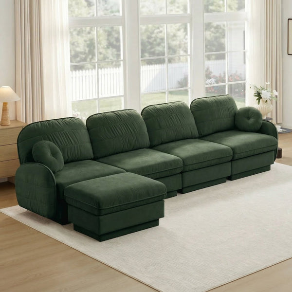 English Elm 137" Oversized Chenille Sectional Sofa with Movable Ottoman and Quilted Cushions Green W714S01772