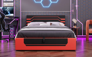 English Elm Modern Cyberpunk Queen Platform Bed Hydraulic Storage Pu Upholstered Gaming Frame Black+Red SF000205AAJ