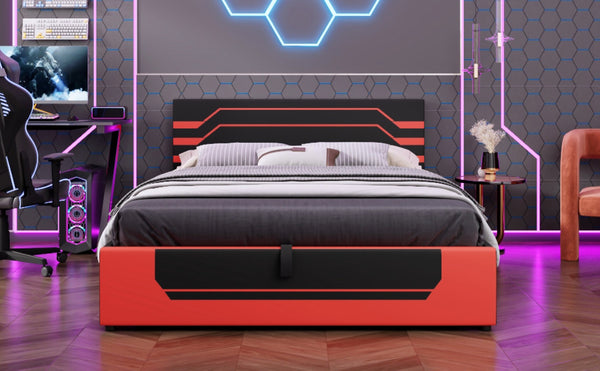 English Elm Modern Cyberpunk Queen Platform Bed Hydraulic Storage Pu Upholstered Gaming Frame Black+Red SF000205AAJ