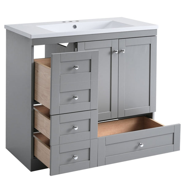 English Elm 36 Inch Shaker Bathroom Vanity with Resin Sink Four Soft Close Drawers Mdf Cabinet Gray N729P000028E