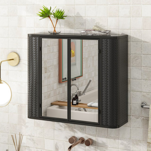 English Elm Black Wall-Mounted Bathroom Cabinet with Mirror, 2 Doors, Open Shelf & Steel Frame for Vanity Spaces W3122P272846