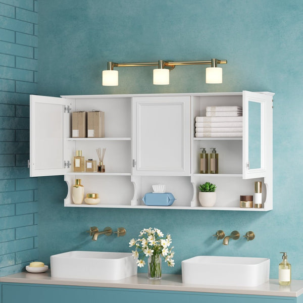 English Elm 55 Inch Wall Mount Medicine Cabinet Dual Mirrored Doors Soft Close Bathroom Vanity Storage N710P401337K