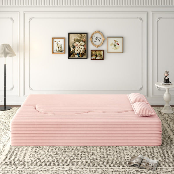 English Elm Modern Full Size Folding Sofa Bed Plush Corduroy Convertible 2-Pillow Sleeper 15" Foam Mattress, Beige W1885P371313