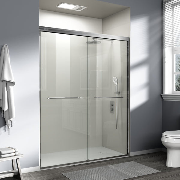 English Elm 56" Frameless Sliding Shower Door Tempered Glass Soft Close Matte Hardware Alcove Fit Brushed Nickel W1920P385322