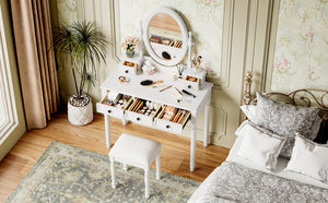 English Elm Vanity Vintage Wooden Makeup Desk with 180° Adjustable Mirror, 5 Velvet‑Lined Drawers & Cushioned Stool White 52.7 L x 22.5 W x 11 H N733P305139K