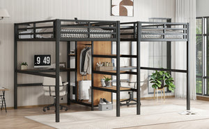 English Elm Twin Over Twin Metal Loft Bed With Double Desk, Wardrobe & Outlets For Ultimate Space Efficiency W1580S00115-GIGA