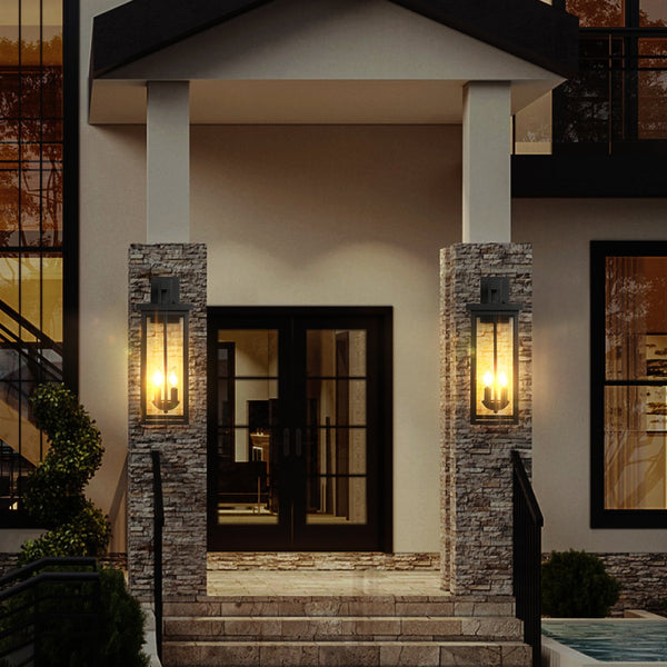 English Elm 2-Pack Outdoor Wall Lanterns 22" with Dusk-to-Dawn Sensor, Matte Black Aluminum, Clear Glass Panels W2312P374779