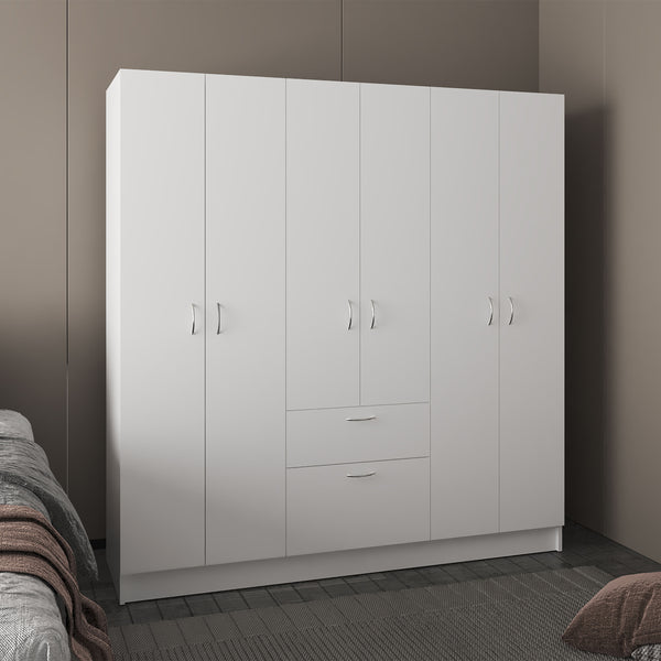 English Elm Mitu Six Doors Armoire White – 71.2" High MDF Wardrobe with 7 Shelves, Hanging Rod & Spacious Drawer B070S00366