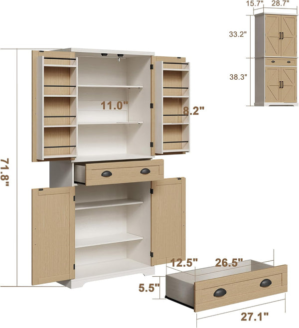 English Elm 71.8"H Farmhouse Kitchen Pantry Cabinet with X-Style Doors, Adjustable Shelves, Drawer & Anti-Tip T3771P352193