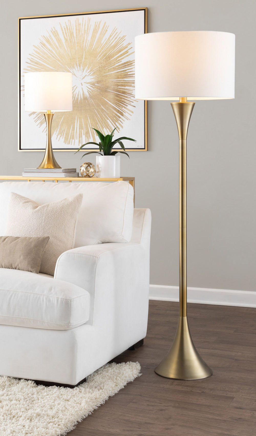 English Elm Lenuxe 65" Contemporary Floor Lamp Gold with White Linen Drum Shade, Hourglass Base, 3-Way Switch B202P223993