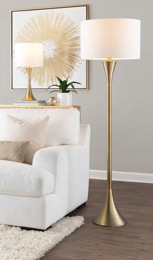 English Elm Lenuxe 65" Contemporary Floor Lamp Gold with White Linen Drum Shade, Hourglass Base, 3-Way Switch B202P223993