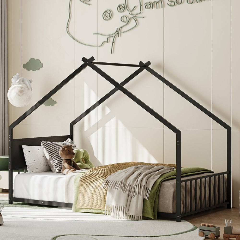 English Elm Twin House Bed Frame with Led Lights Iron Slats Low Profile Kids Bedroom W1820P234194