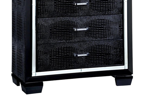 English Elm 1pc Crocodile-Embossed Chest with Diamond-Crusted Handles, Silver-Lined Panels, Glam Contemporary Appeal Black 42 L x 22 W x 59 H B2741P367880