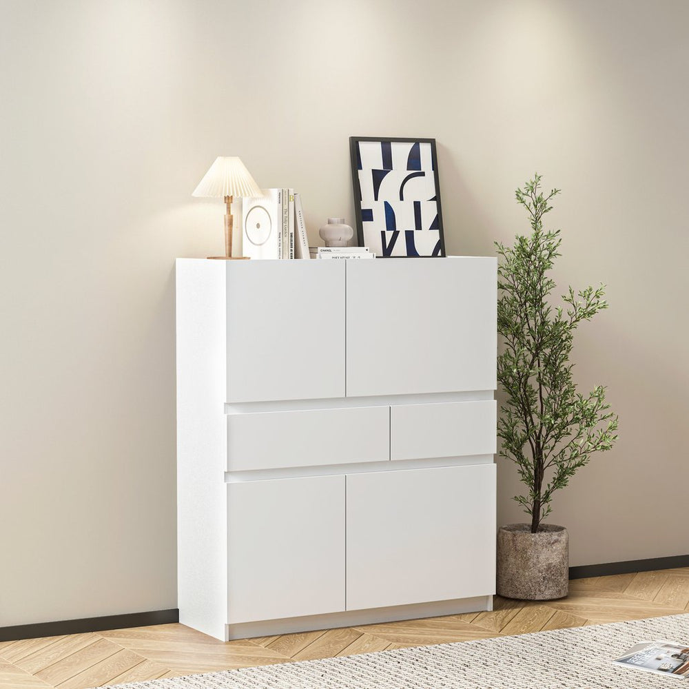 English Elm White wooden storage cabinet with 4 doors and 2 drawers – Spacious buffet buffet-style console for home organization, versatile vanity and pantry storage solutions W1320P191441