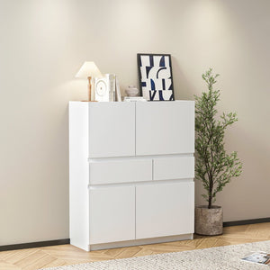 English Elm White wooden storage cabinet with 4 doors and 2 drawers – Spacious buffet buffet-style console for home organization, versatile vanity and pantry storage solutions W1320P191441