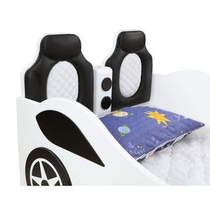 English Elm Solana Race Car Twin Bed with LED Underglow Lights, Padded Headboard, White Wood, Playful Design B062S01109