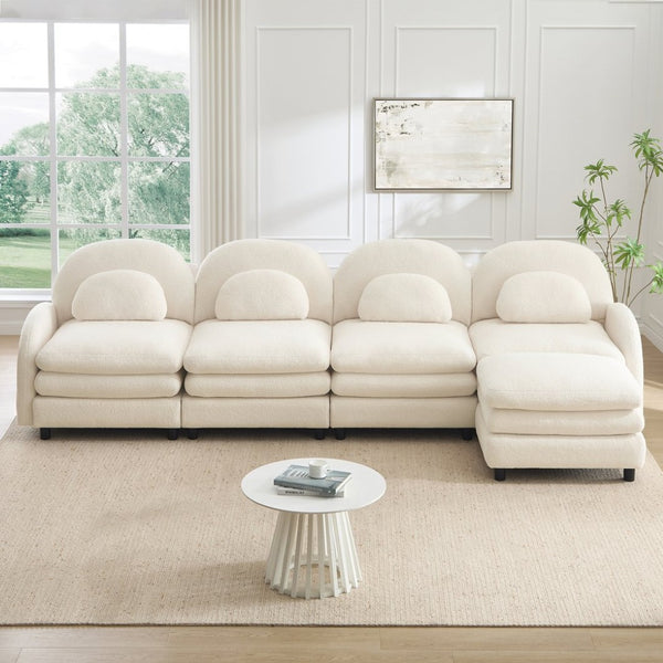 English Elm Teddy Fleece Curved Modular Sectional Sofa with Ottoman Four Seat Cloud Comfort Beige White W5656S00087