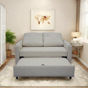 English Elm 1 Versatile Foldable Sofa Bed in Beige Velvet – 3-Length Convertible Pull-Out with USB, Storage, Swivel Phone Stand and Ashtray W1183S00014