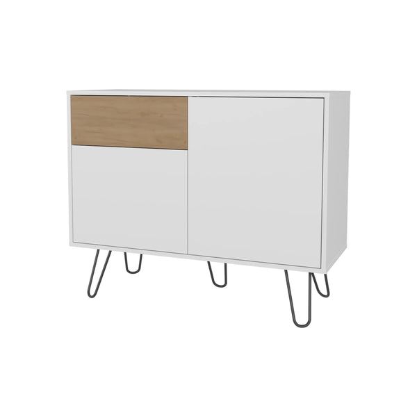 English Elm White White and Natural Oak Sideboard with Hairpin Legs — Modern Rustic Storage, 4 Shelves + Drawer 39"W B062P290287