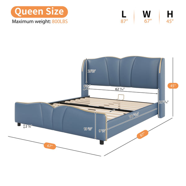 English Elm Christopher Knight Home® - Queen Plush Leather Upholstered Bed Frame with Wingback Headboard, Wavy Footboard, Quiet Support Antique Blue 85.2 L x 9.8 W x 3.25 H N761S0000016C