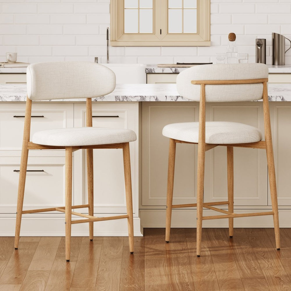 English Elm Counter Height Linen Upholstered Barstools Set of 2 Mid-century Tapered Metal Legs W3916P426287