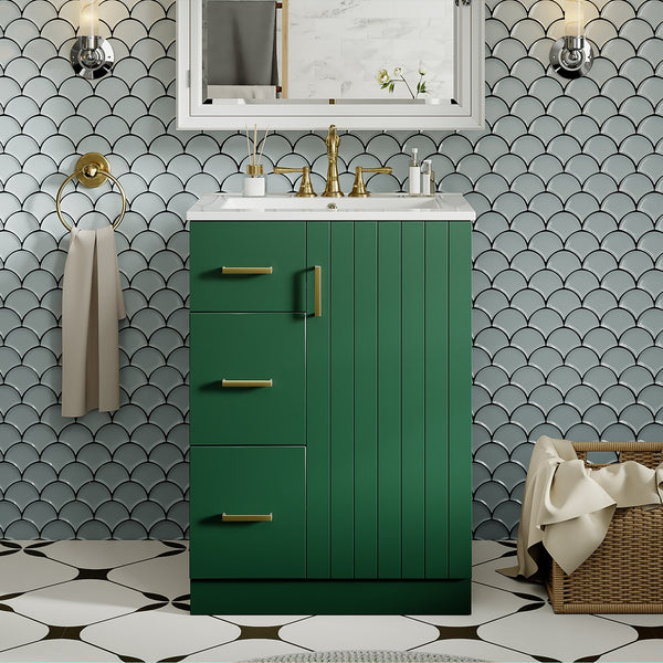 English Elm 24" Modern Bathroom Vanity with Under-Mount Sink, Vertical Stripe Design, 2 Drawers & Soft-Close Cabinet Green N710P288936F