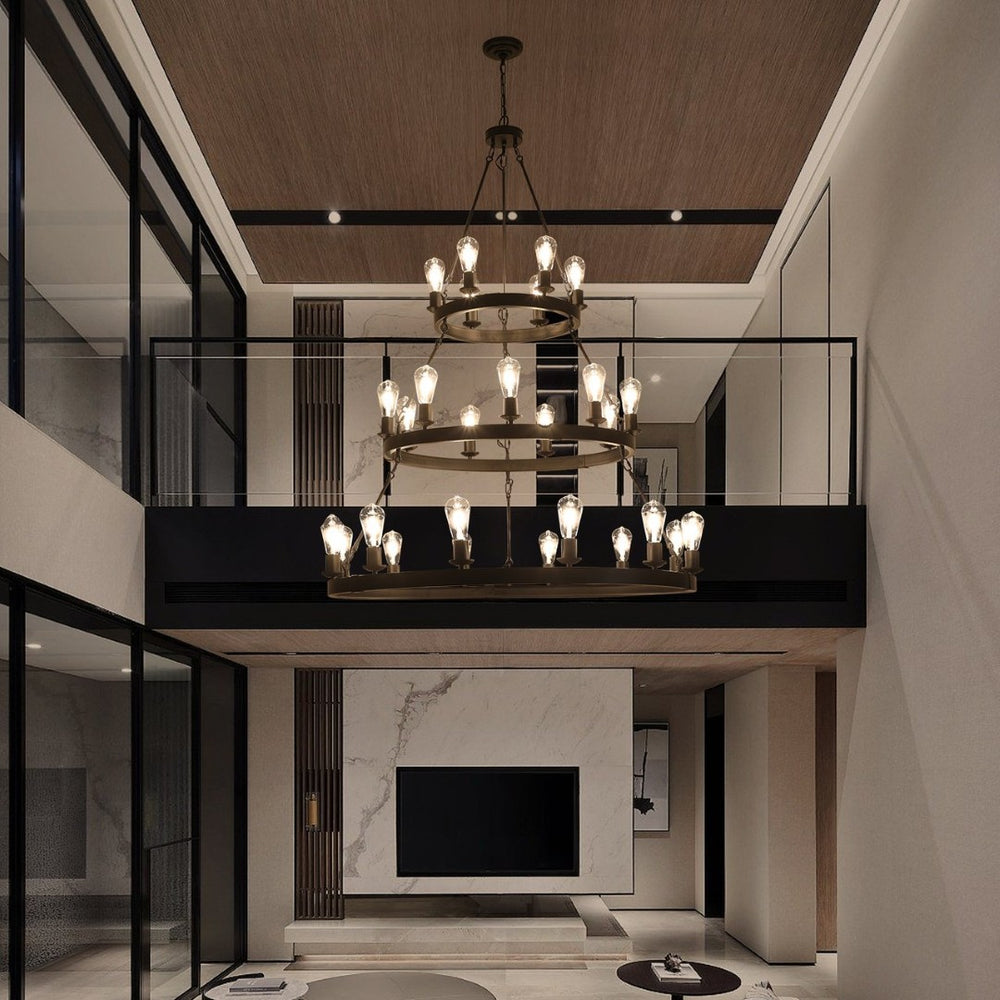 English Elm 45" Iron Three Tier Ring Chandelier 27 Socket Matte Black Industrial Loft Pendant W2312P415968