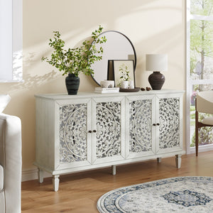 English Elm 60" Hand-Carved Floral Buffet Cabinet with Solid Wood Legs, Brass Handles, Adjustable Shelves, TV Stand Antique White W1445P327887