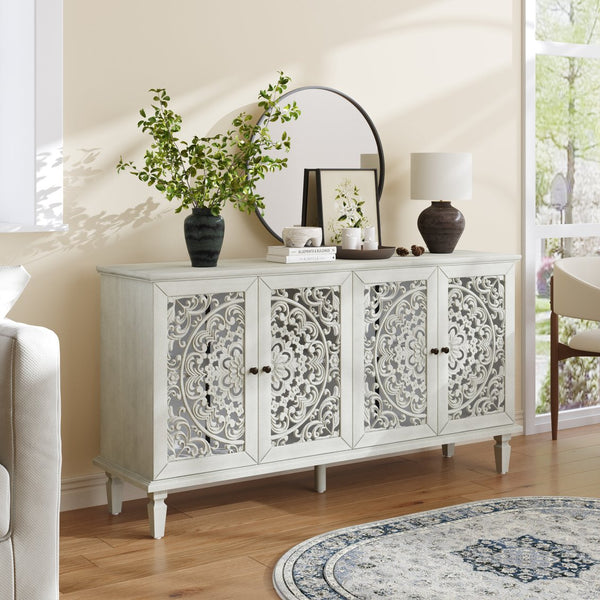 English Elm 60" Hand-Carved Floral Buffet Cabinet with Solid Wood Legs, Brass Handles, Adjustable Shelves, TV Stand Antique White W1445P327887