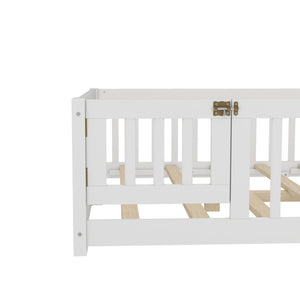 English Elm Full Floor Bed with Safety Guardrails and Play Door for Kids, Low Profile Pine Frame, 550lb Capacity White W1580P338950