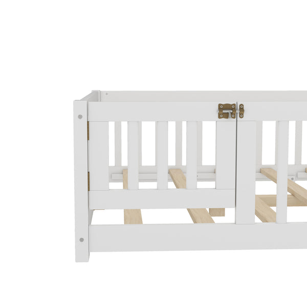 English Elm Full Floor Bed with Safety Guardrails and Play Door for Kids, Low Profile Pine Frame, 550lb Capacity White W1580P338950