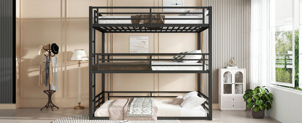 English Elm Full Triple Bunk Bed - Heavy-Duty Metal Frame With Safety Guardrails, Space-Saving Design, Black W1580S00144