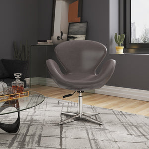 English Elm Raspberry Upholstered Swivel Lounge Chair with Adjustable Height, Polished Chrome Base & Plush Seat Grey B365P397944