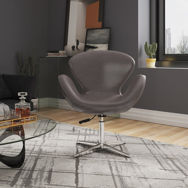 English Elm Raspberry Upholstered Swivel Lounge Chair with Adjustable Height, Polished Chrome Base & Plush Seat Grey B365P397944