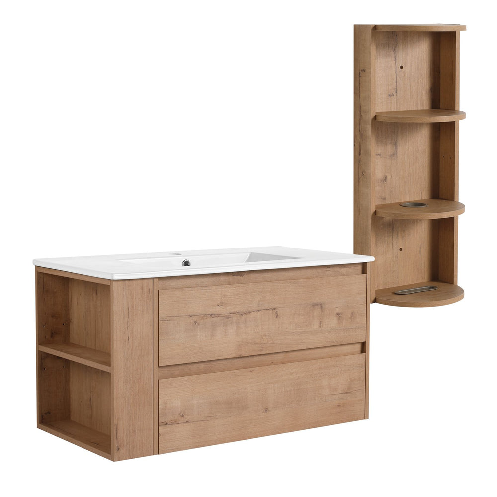 English Elm 36" Wall-Mounted Bathroom Vanity With Ceramic Sink, Dual Soft-Close Drawers & Side Rack Storage, Durable KD Packing W999S00344