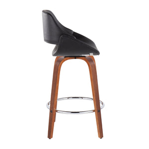 English Elm Fabrico Mid-Century Modern Counter Stool Set Of 2 In Walnut Wood & Black Faux Leather With Chrome Footrest B202S00253