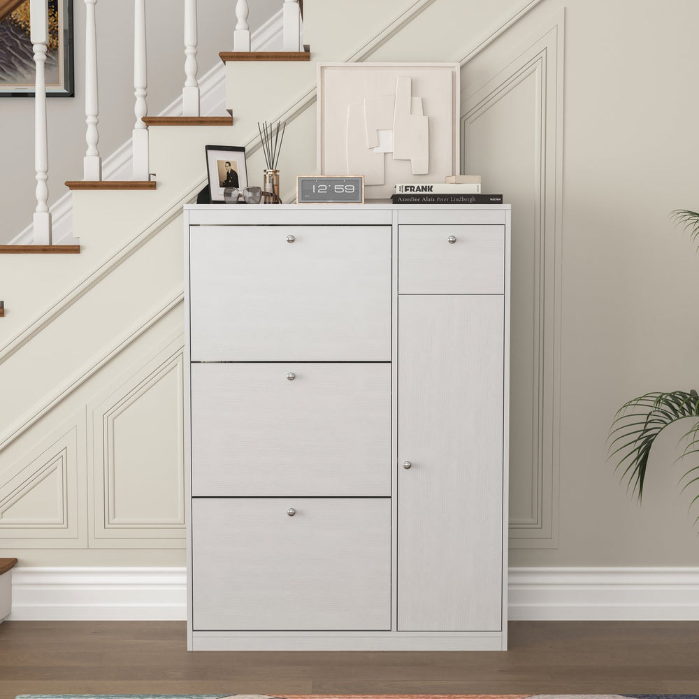 English Elm Shoe Slim White Cabinet with 3 Flip Drawers & Adjustable Shelves — Space-Saving Entryway Organizer W409P153987