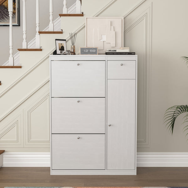 English Elm Shoe Slim White Cabinet with 3 Flip Drawers & Adjustable Shelves — Space-Saving Entryway Organizer W409P153987