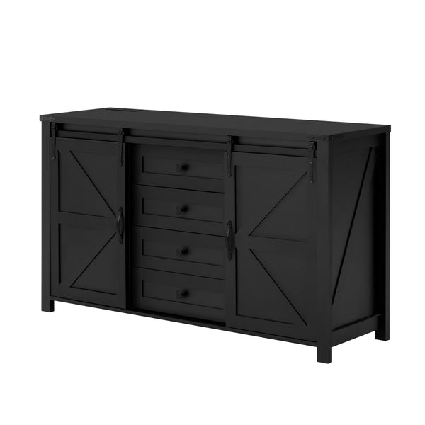 English Elm U-style Farmhouse Sideboard Barn Door Buffet with Drawers Built-in Outlet Dining Black N711P347377B