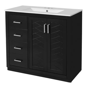 English Elm 36'' Bathroom Vanity with Ceramic Sink Combo, Solid Wood Frame, Soft-Close Drawers and Stylish Retro Groove Design Black N710P291684B